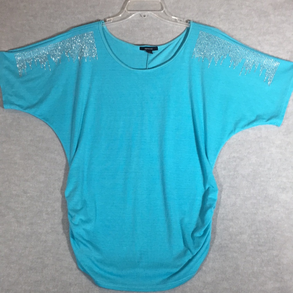 EXPRESSO Embellished Sparkly Holiday Trendy Teal Shirred Sides Raglan Sleeve Top